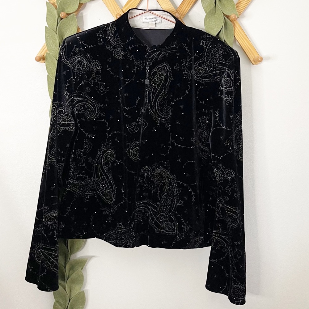St. John Black Velvet Paisley Zip Front Jacket